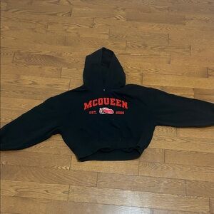MCQUEEN Black Cropped Crewneck Hoodie Sweater with Red Logo